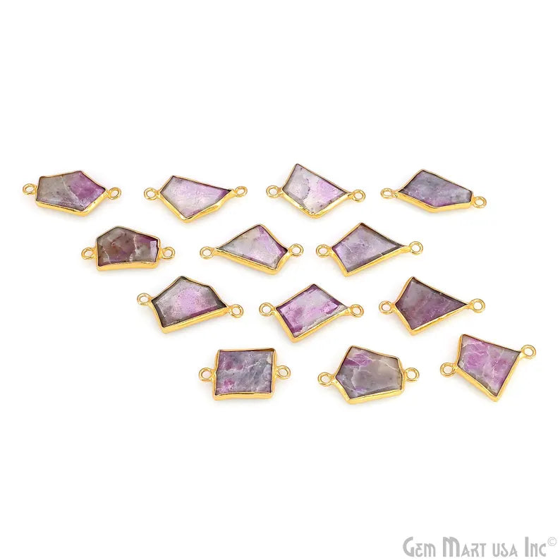 Ruby Ziopsite Geometric Flat Gemstone 23x13mm Gold Plated Double Bail Charm Connector