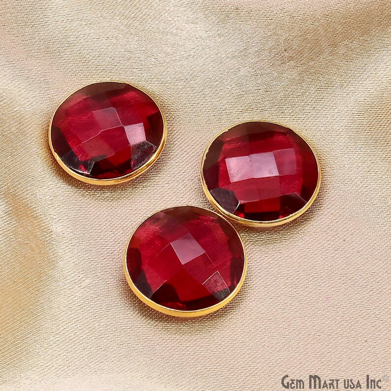 Pink Tourmaline Round Faceted Stones Gold Rim, Red Glass Cabochons Bezel Connector