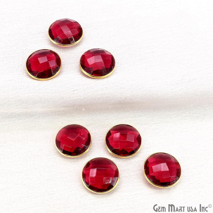 Pink Tourmaline Round Faceted Stones Gold Rim, Red Glass Cabochons Bezel Connector