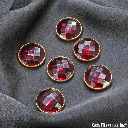 Pink Tourmaline Round Faceted Stones Gold Rim, Red Glass Cabochons Bezel Connector