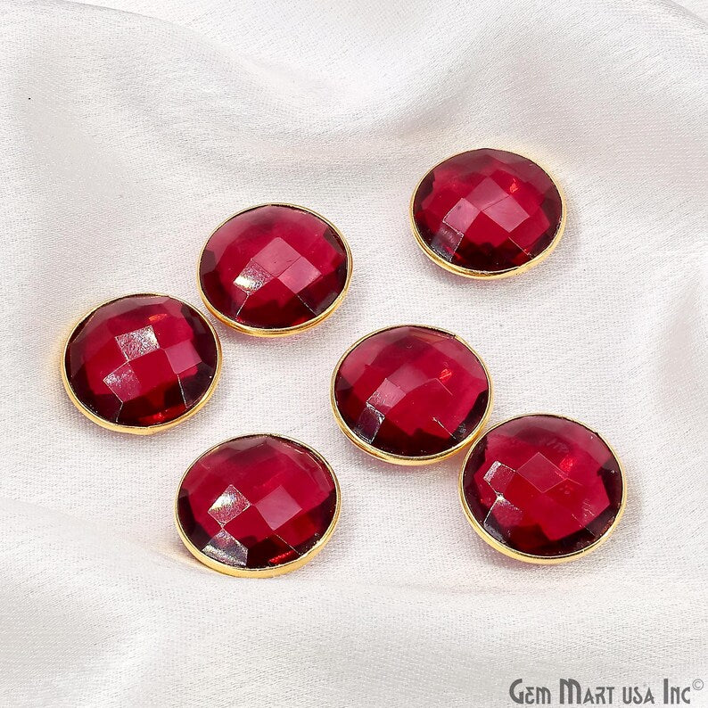Pink Tourmaline Round Faceted Stones Gold Rim, Red Glass Cabochons Bezel Connector