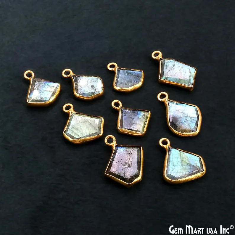 Labradorite Rough Gemstone 19x10mm Gold Plated Single Bail Charm Connector