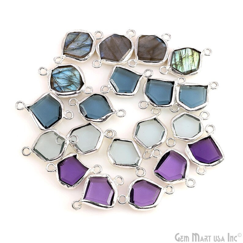 Geometric Flat Gemstone 21x13mm Silver Electroplated Double Bail Connector
