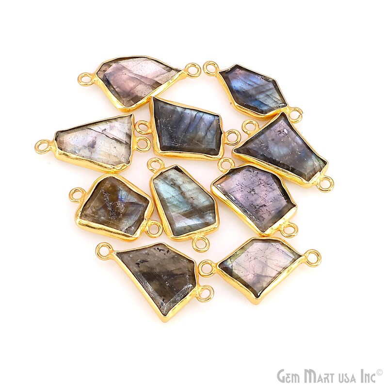 Labradorite Rough Gemstone 23x13mm Gold Plated Double Bail Charm Connector