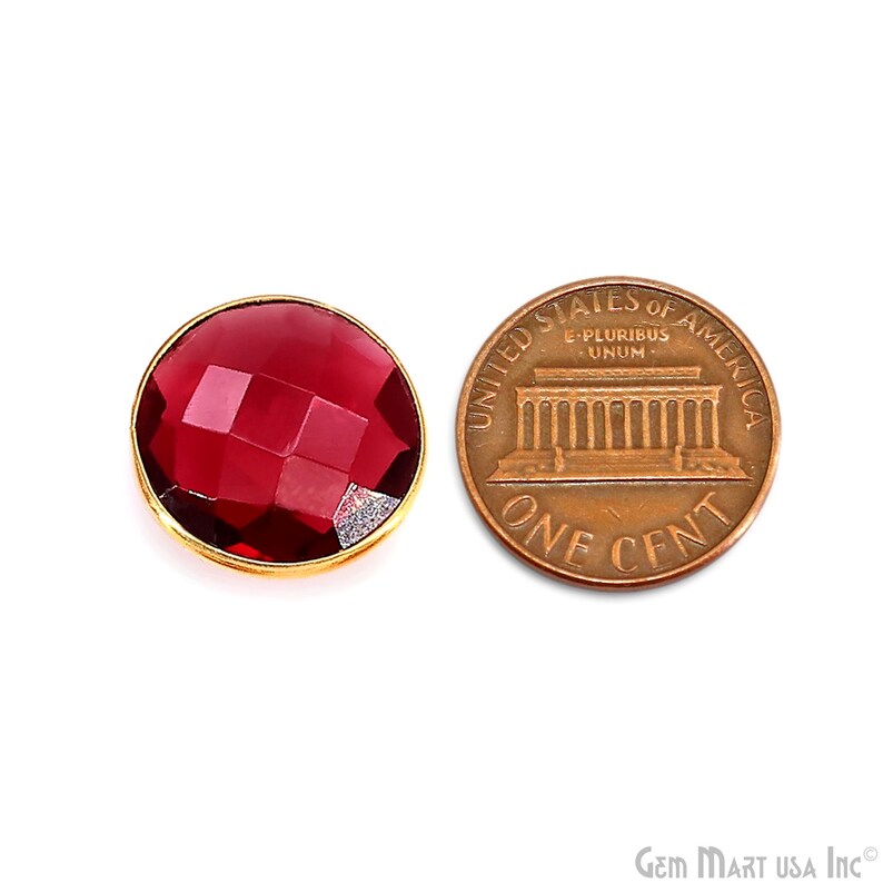 Pink Tourmaline Round Faceted Stones Gold Rim, Red Glass Cabochons Bezel Connector