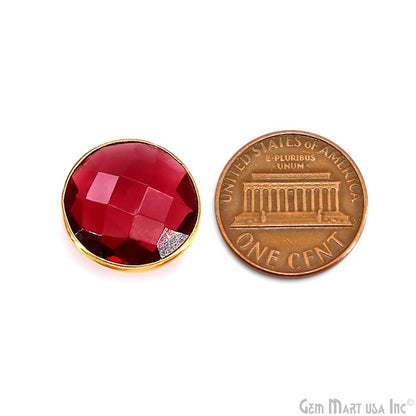 Pink Tourmaline Round Faceted Stones Gold Rim, Red Glass Cabochons Bezel Connector
