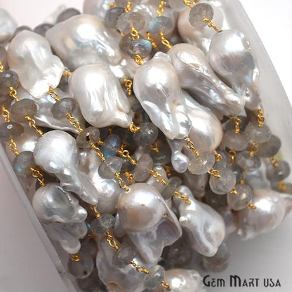 Labradorite With Pearl Gold Plated Wire Wrapped Rosary Beads Chain