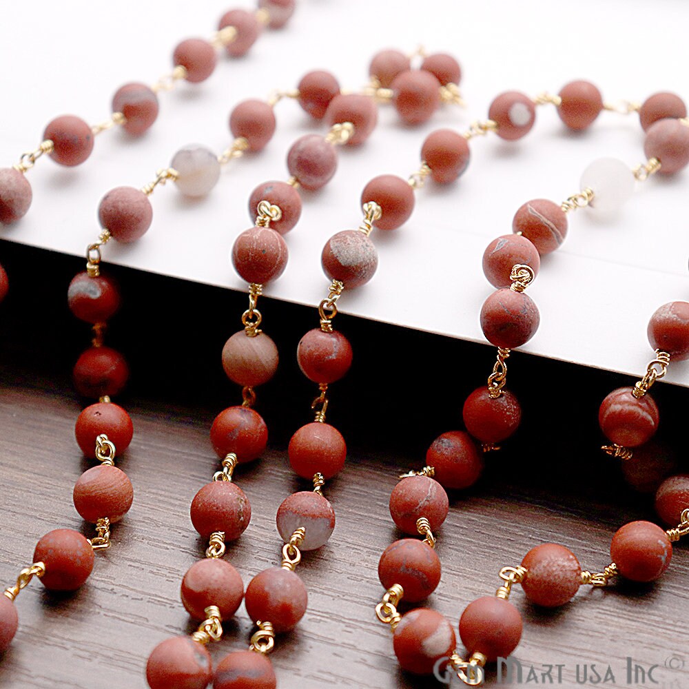 Red Jasper Frosted Gold Plated Wire Wrap Round Bead Jewelry Making Rosary Chain