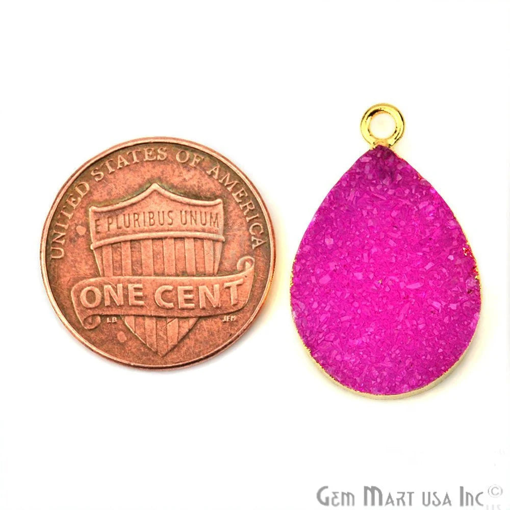 Pink Color Pear Druzy Single Bail Gold Electroplated 15x20mm Gemstone Connector