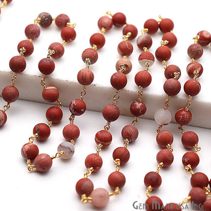 Red Jasper Frosted Gold Plated Wire Wrap Round Bead Jewelry Making Rosary Chain