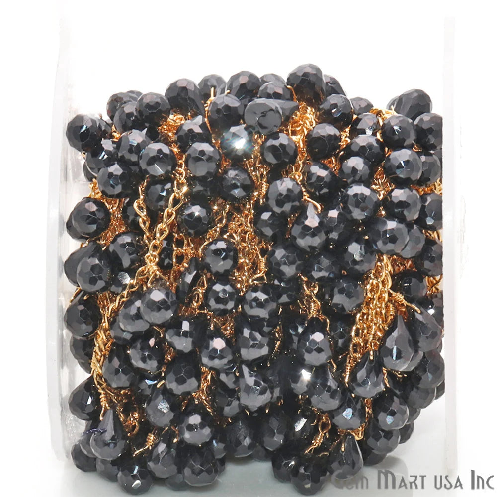 Black Spinel Beaded Gold Wire Wrapped Dangle Rosary Chain