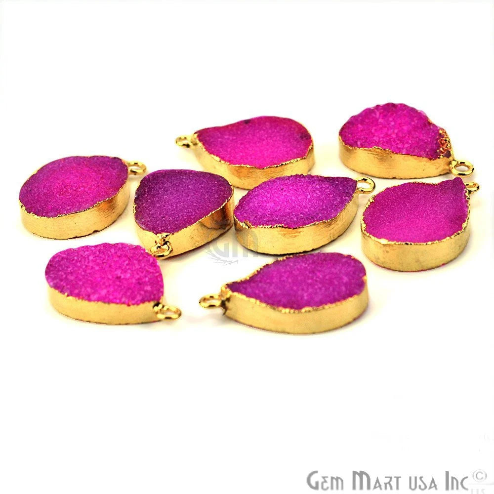 Pink Color Pear Druzy Single Bail Gold Electroplated 15x20mm Gemstone Connector