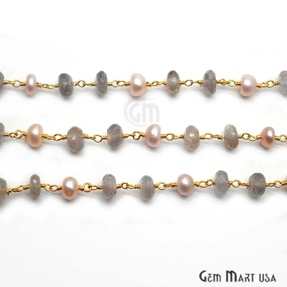 Labradorite & Pink Pearl Gold Plated Wire Wrapped Beads Rosary Chain