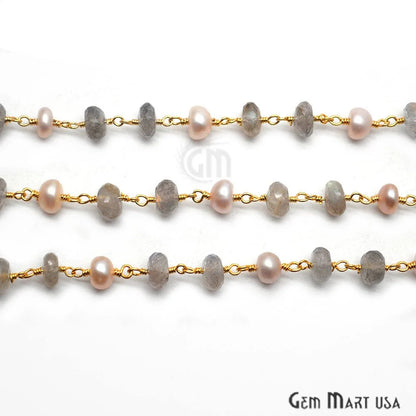 Labradorite & Pink Pearl Gold Plated Wire Wrapped Beads Rosary Chain