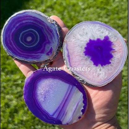 Purple Agate Slice Coaster, Natural Gemstone Coaster, Rock & Crystal Coaster, Organic/Silver/Gold Plated Drinkware