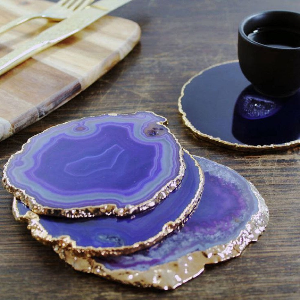 Purple Agate Slice Coaster, Natural Gemstone Coaster, Rock & Crystal Coaster, Organic/Silver/Gold Plated Drinkware