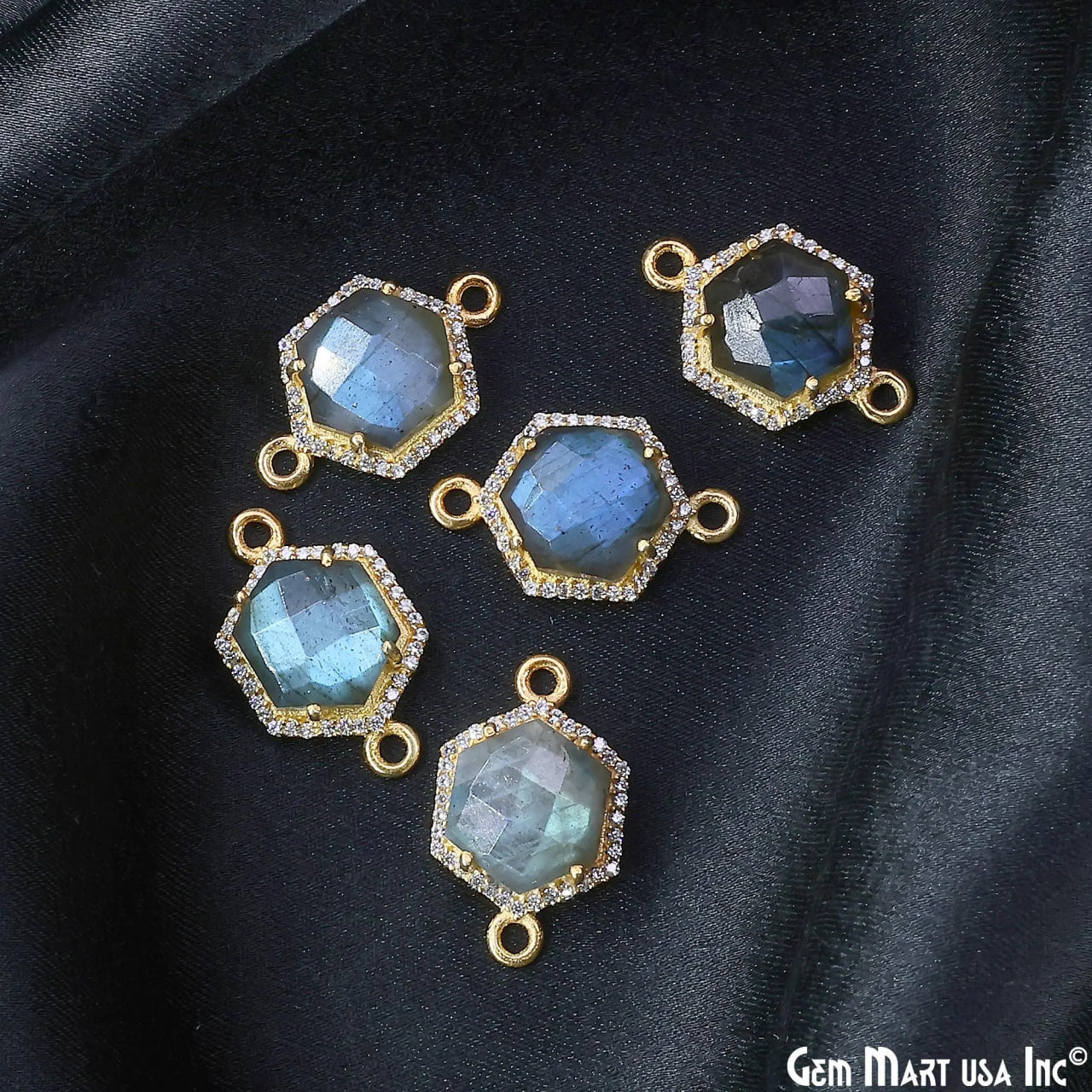 Labradorite Hexagon CZ Pave 17x25mm Gold Plated Prong Setting Gemstone Connector