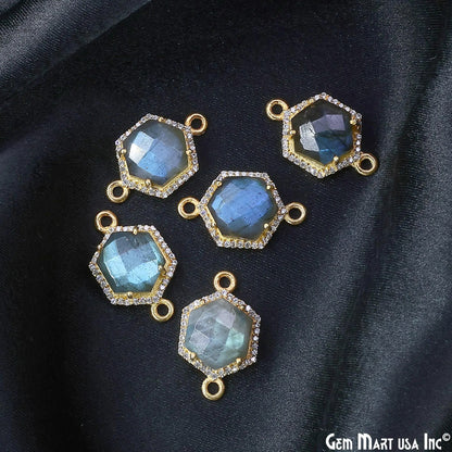 Labradorite Hexagon CZ Pave 17x25mm Gold Plated Prong Setting Gemstone Connector