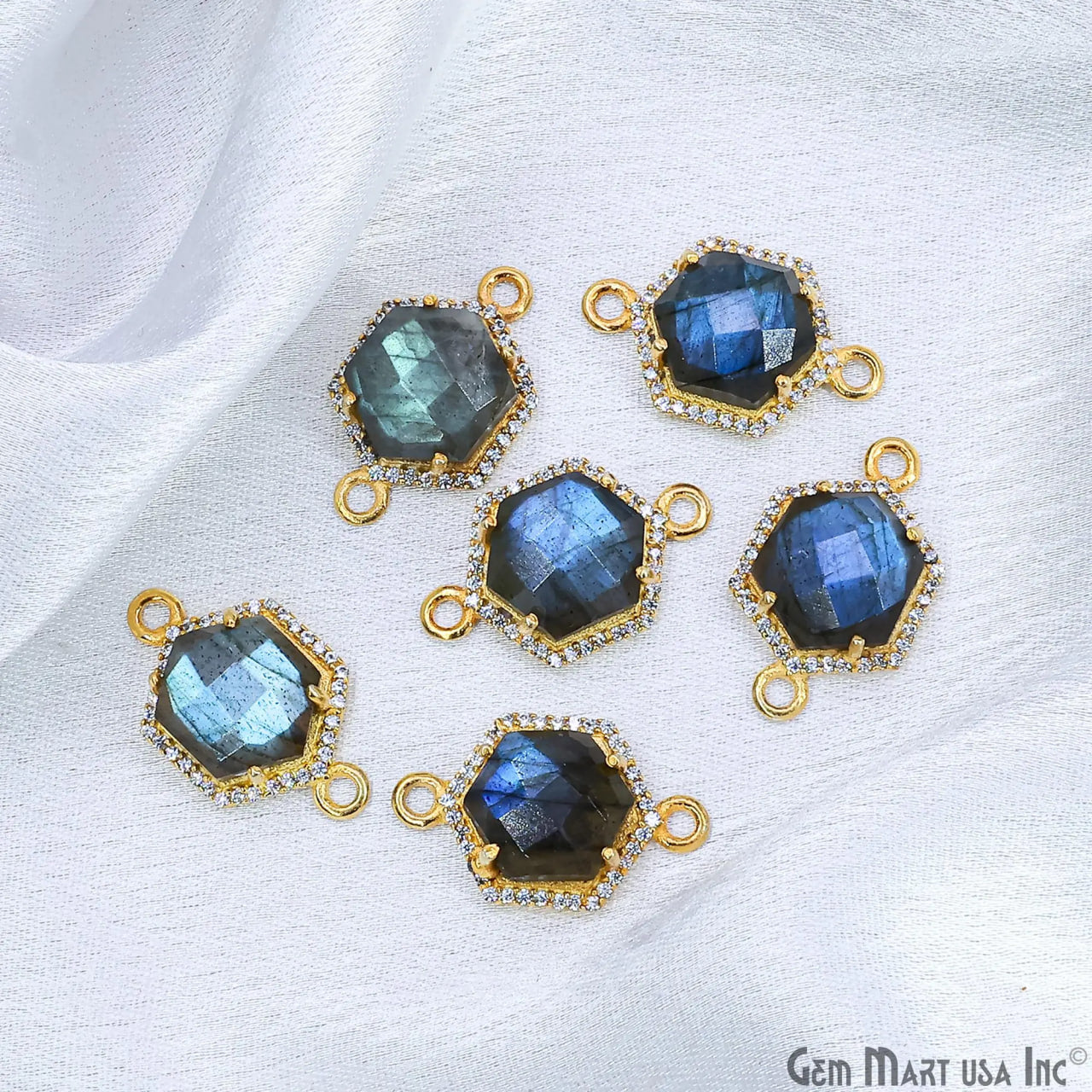 Labradorite Hexagon CZ Pave 17x25mm Gold Plated Prong Setting Gemstone Connector