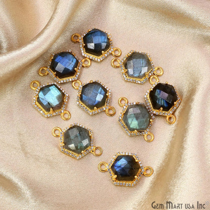 Labradorite Hexagon CZ Pave 17x25mm Gold Plated Prong Setting Gemstone Connector