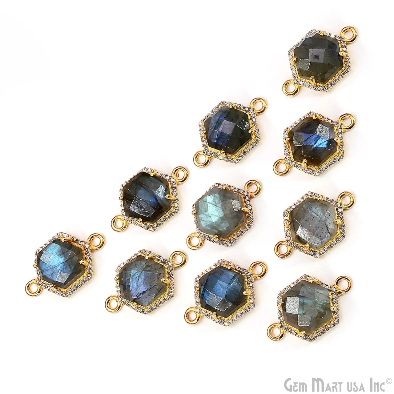Labradorite Hexagon CZ Pave 17x25mm Gold Plated Prong Setting Gemstone Connector