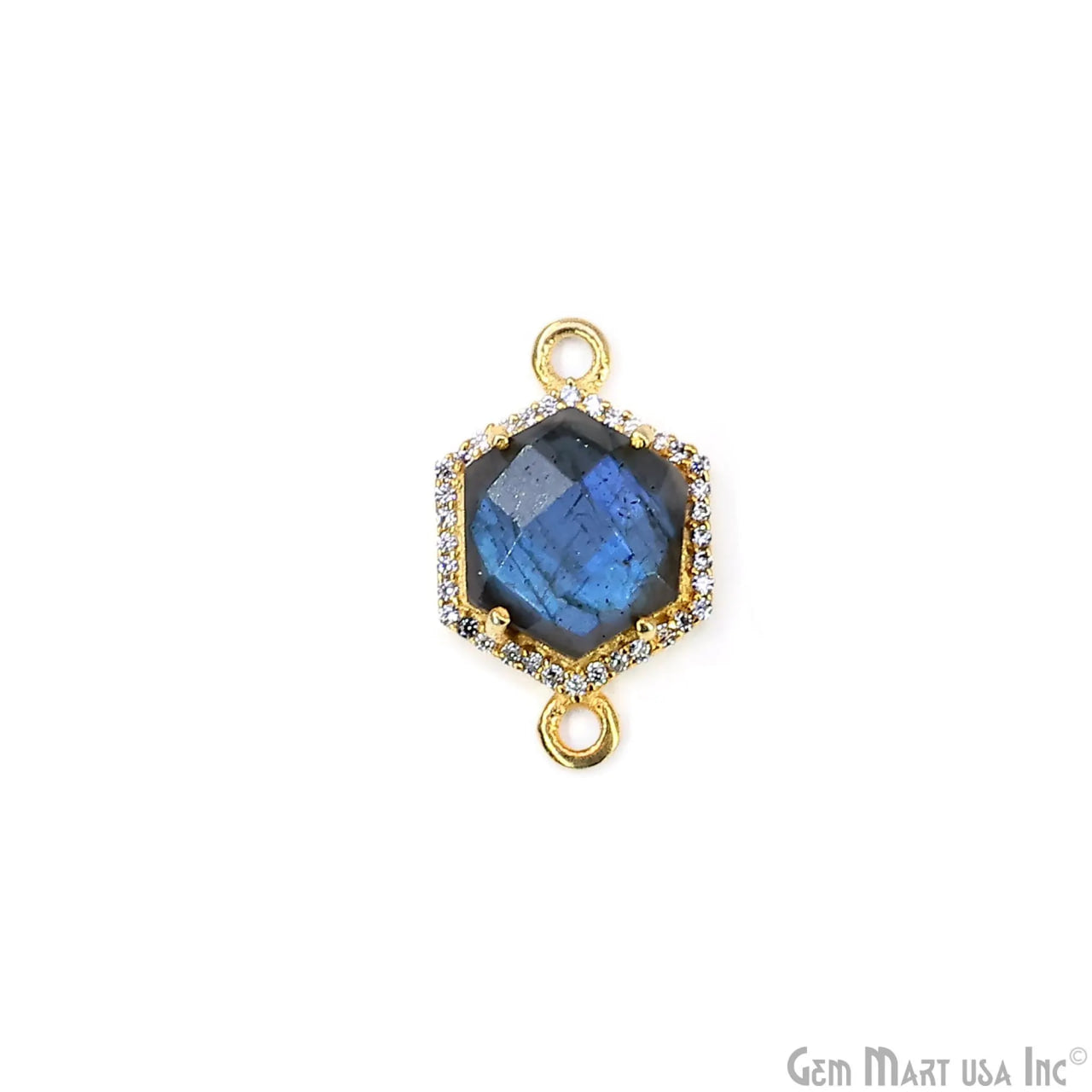 Labradorite Hexagon CZ Pave 17x25mm Gold Plated Prong Setting Gemstone Connector