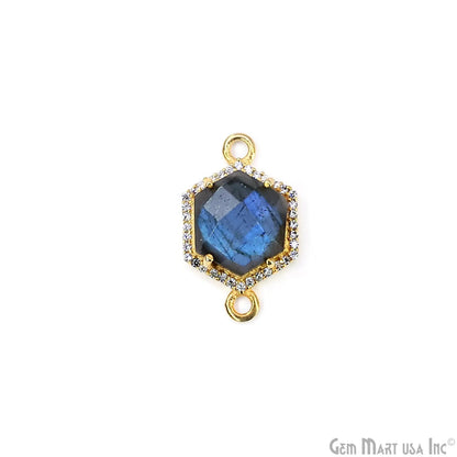 Labradorite Hexagon CZ Pave 17x25mm Gold Plated Prong Setting Gemstone Connector