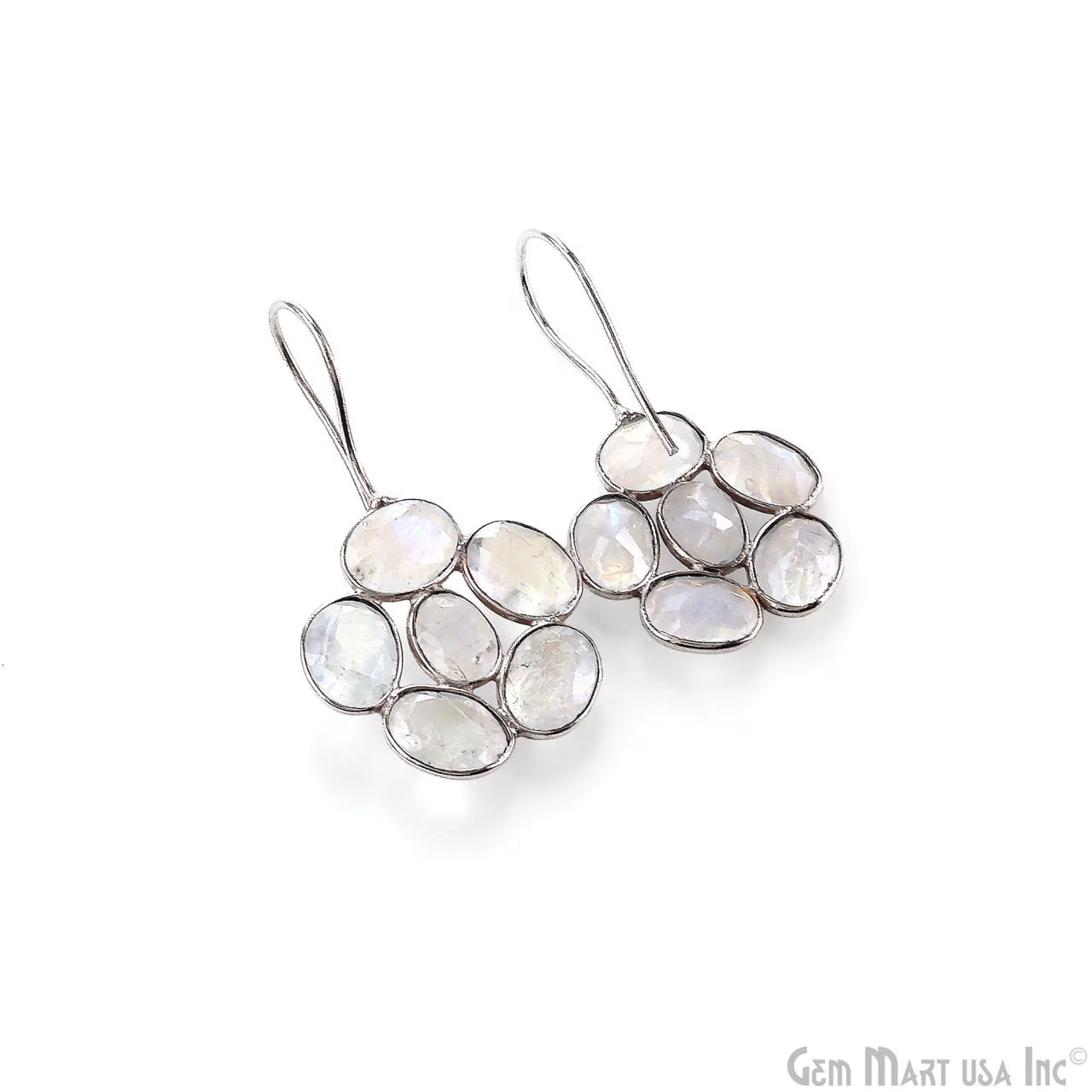 Rainbow Moonstone Drop Earrings 35x21mm Oval Cluster, Sterling Silver Dangle Jewelry