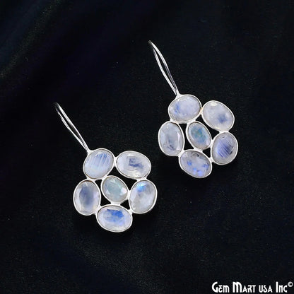 Rainbow Moonstone Drop Earrings 35x21mm Oval Cluster, Sterling Silver Dangle Jewelry