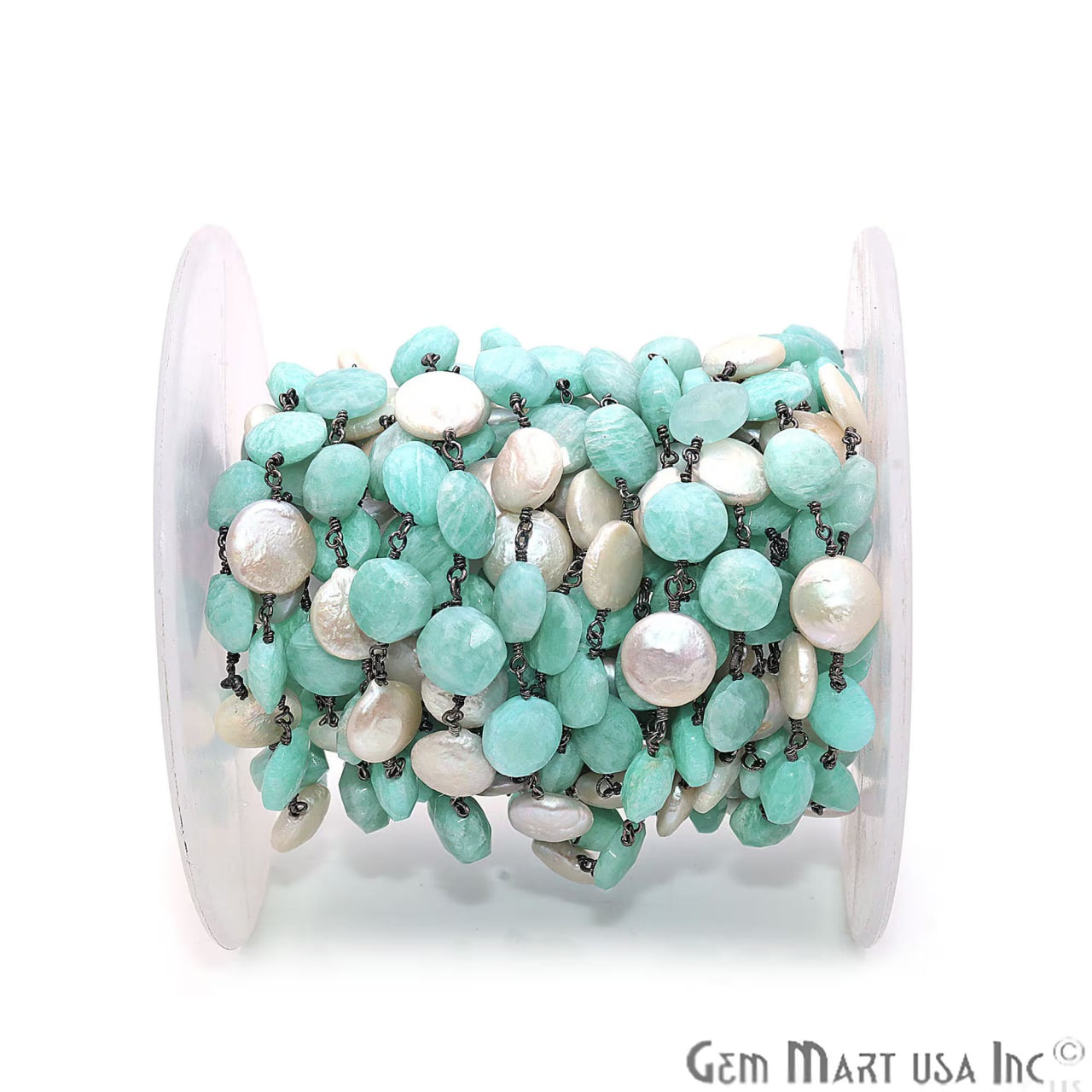 Amazonite & Freshwater Pearl Round Rough Beads Black Plated Rosary Chain