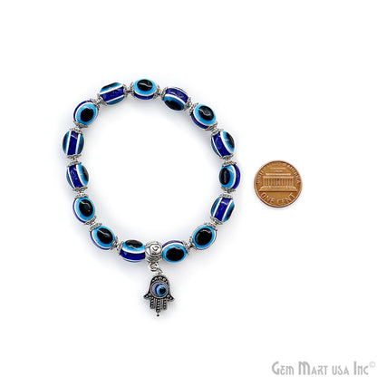 Turkish Evil Eye Beaded Bracelet with Hamsa Hand, Stretchy, Unisex, Adjustable Protection Talisman, 7 inch,