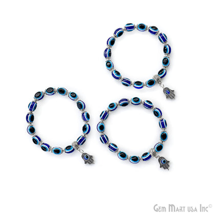Turkish Evil Eye Beaded Bracelet with Hamsa Hand, Stretchy, Unisex, Adjustable Protection Talisman, 7 inch,