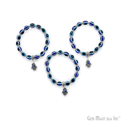 Turkish Evil Eye Beaded Bracelet with Hamsa Hand, Stretchy, Unisex, Adjustable Protection Talisman, 7 inch,