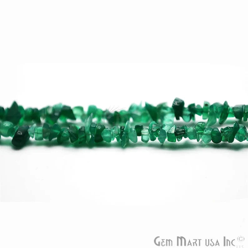 Green Onyx Chip Beads, 34 Inch, Natural Chip Strands, Drilled Strung Nugget Beads, 3-7mm, Polished, GemmartUSA (CHGO-70001)