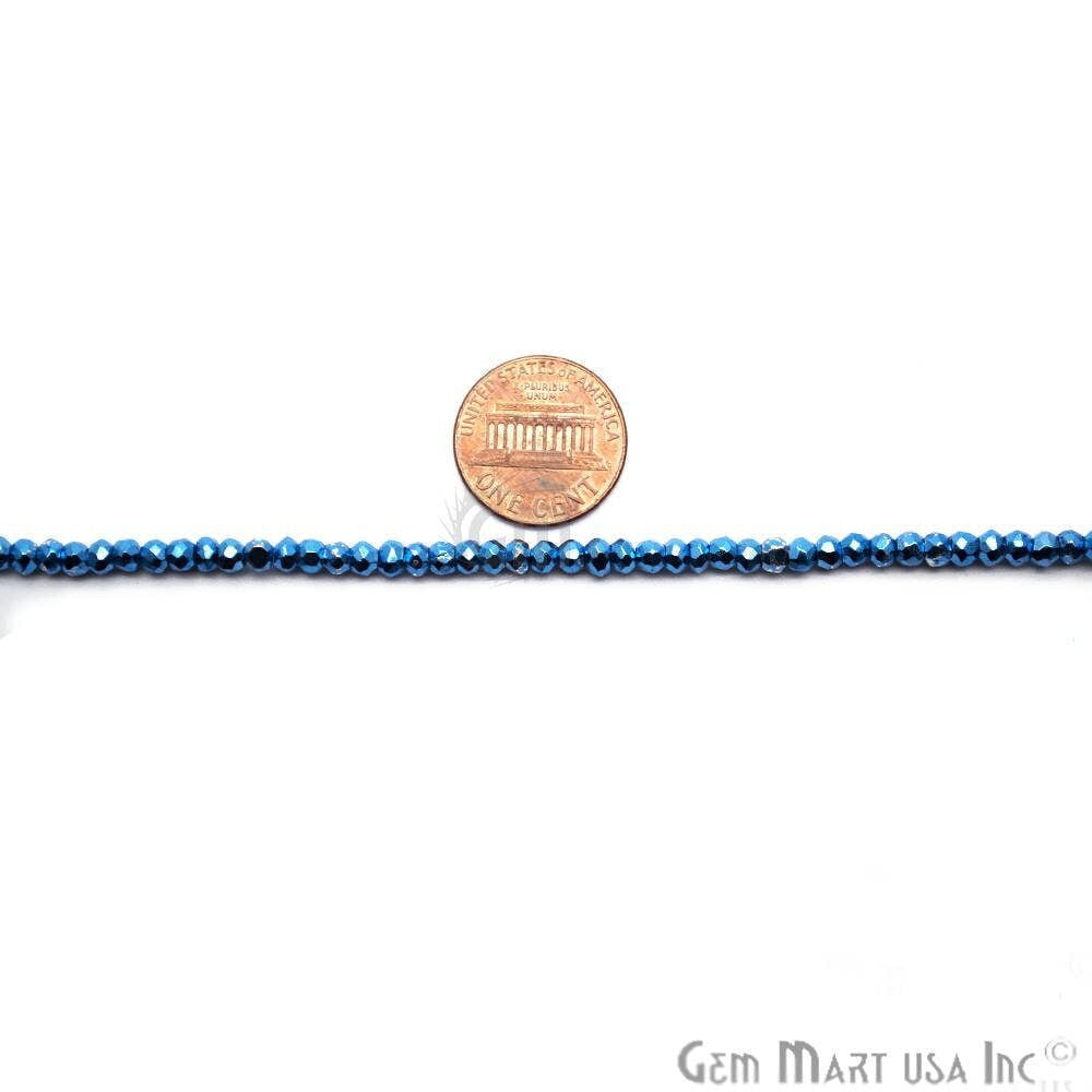 Sky Blue Pyrite Rondelle Beads, 12.5 Inch Gemstone Strands, Drilled Strung Nugget Beads, Faceted Round, 3-4mm