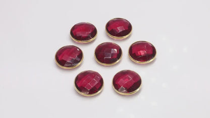 Pink Tourmaline Round Faceted Stones Gold Rim, Red Glass Cabochons Bezel Connector