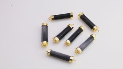 Black Onyx Double 42x10mm Point Gold Electroplated Gemstone Pendant Connector