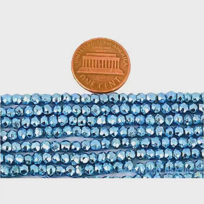 Sky Blue Pyrite Rondelle Beads, 12.5 Inch Gemstone Strands, Drilled Strung Nugget Beads, Faceted Round, 3-4mm