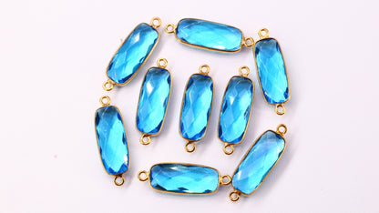 Swiss Blue Topaz 27x9mm Rectangle Faceted Gold Bezel Double Bail Gemstone Connector