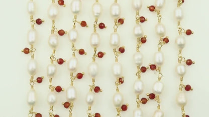 Pearl And Carnelian Faceted Beads Gold Wire Wrapped Beads Rosary Chain