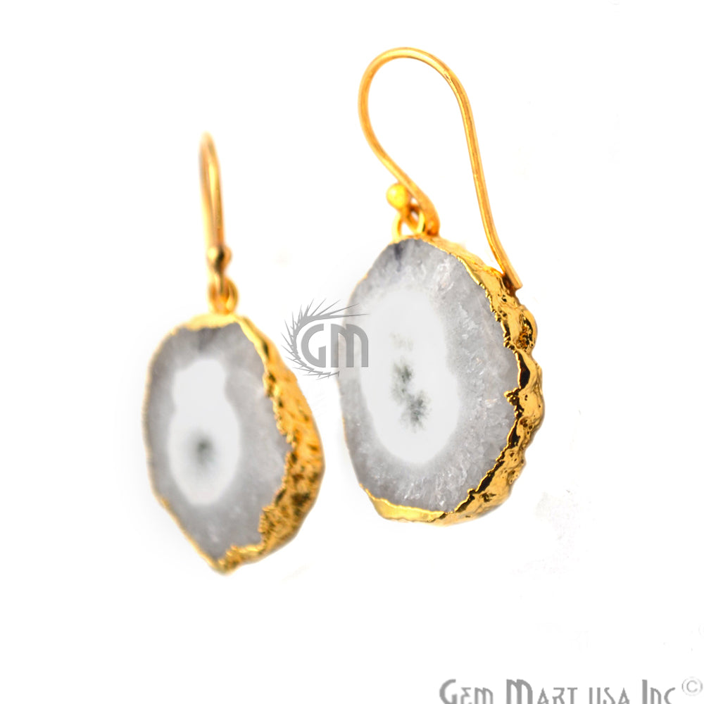 Solar Druzy Gemstone 26x19mm Gold Edge Dangle Hook Earrings - GemMartUSA