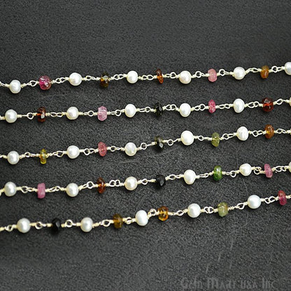 Multi Tourmaline With Pearl Gemstone Beaded Silver Wire Wrapped Rosary Chain