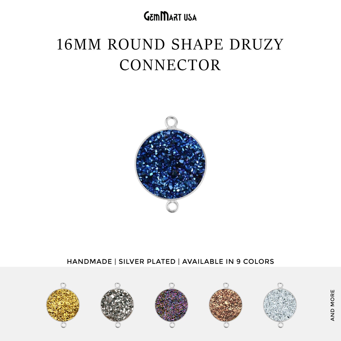 Natural Titanium Druzy 16mm Round Double Bail Silver Gemstone Connector