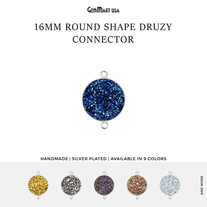 Natural Titanium Druzy 16mm Round Double Bail Silver Gemstone Connector