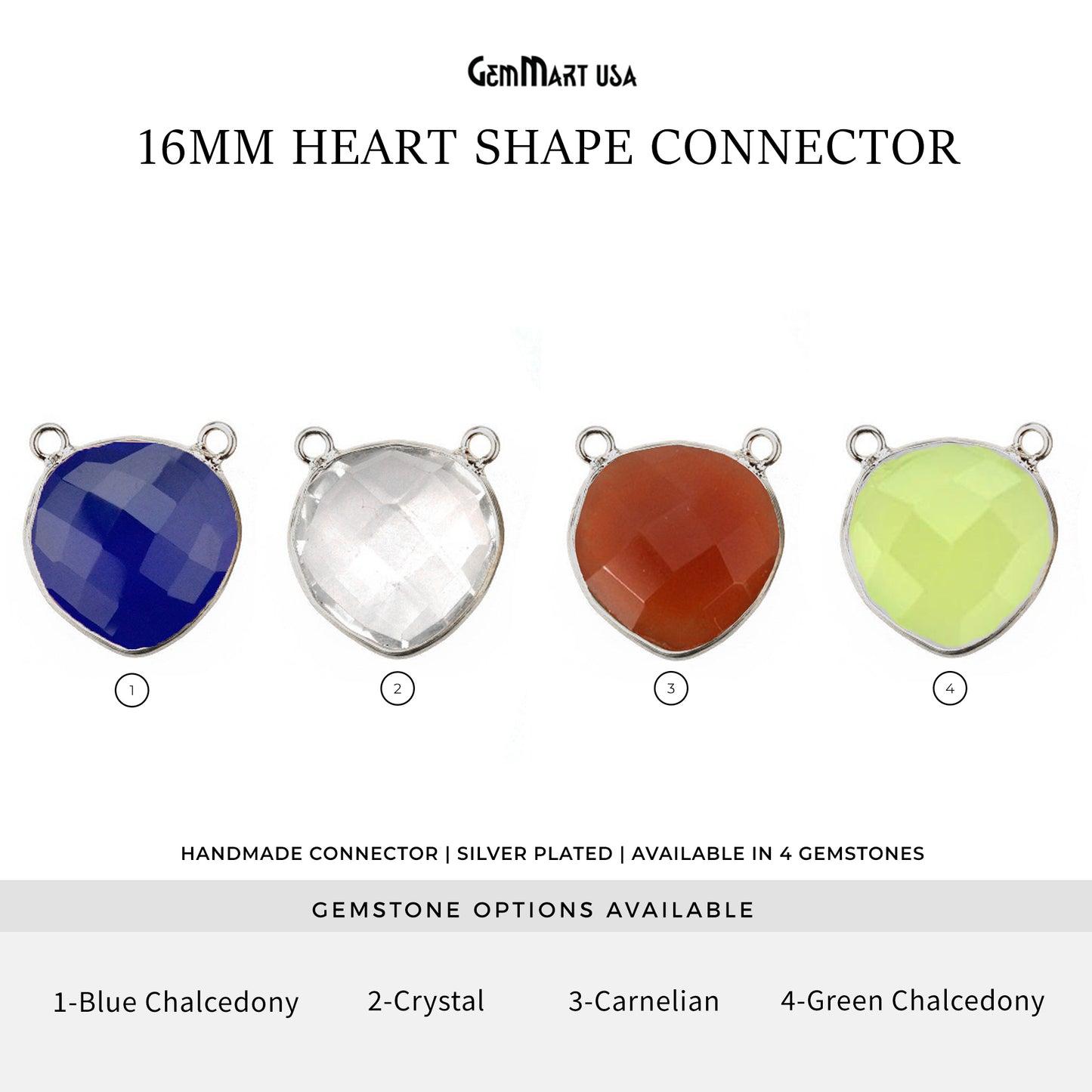 Heart 16mm Cat Bail Silver Bezel Gemstone Connector