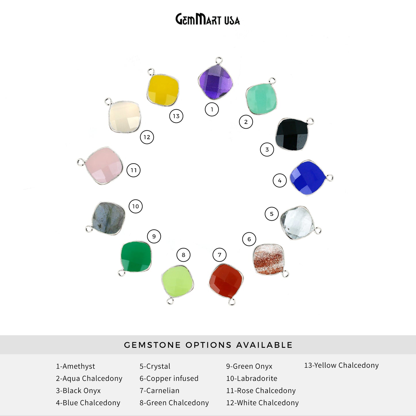 Cushion 12mm Single Bail Silver Bezel Gemstone Connector