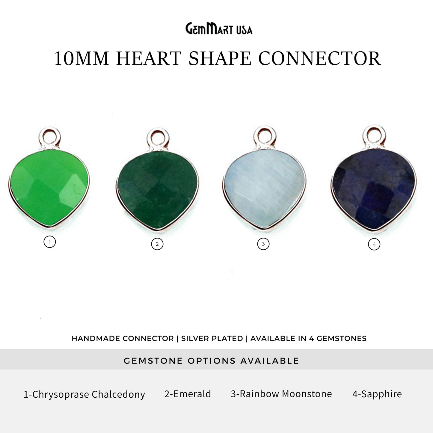 Heart 10mm Silver Bezel Single Bail Gemstone Connector