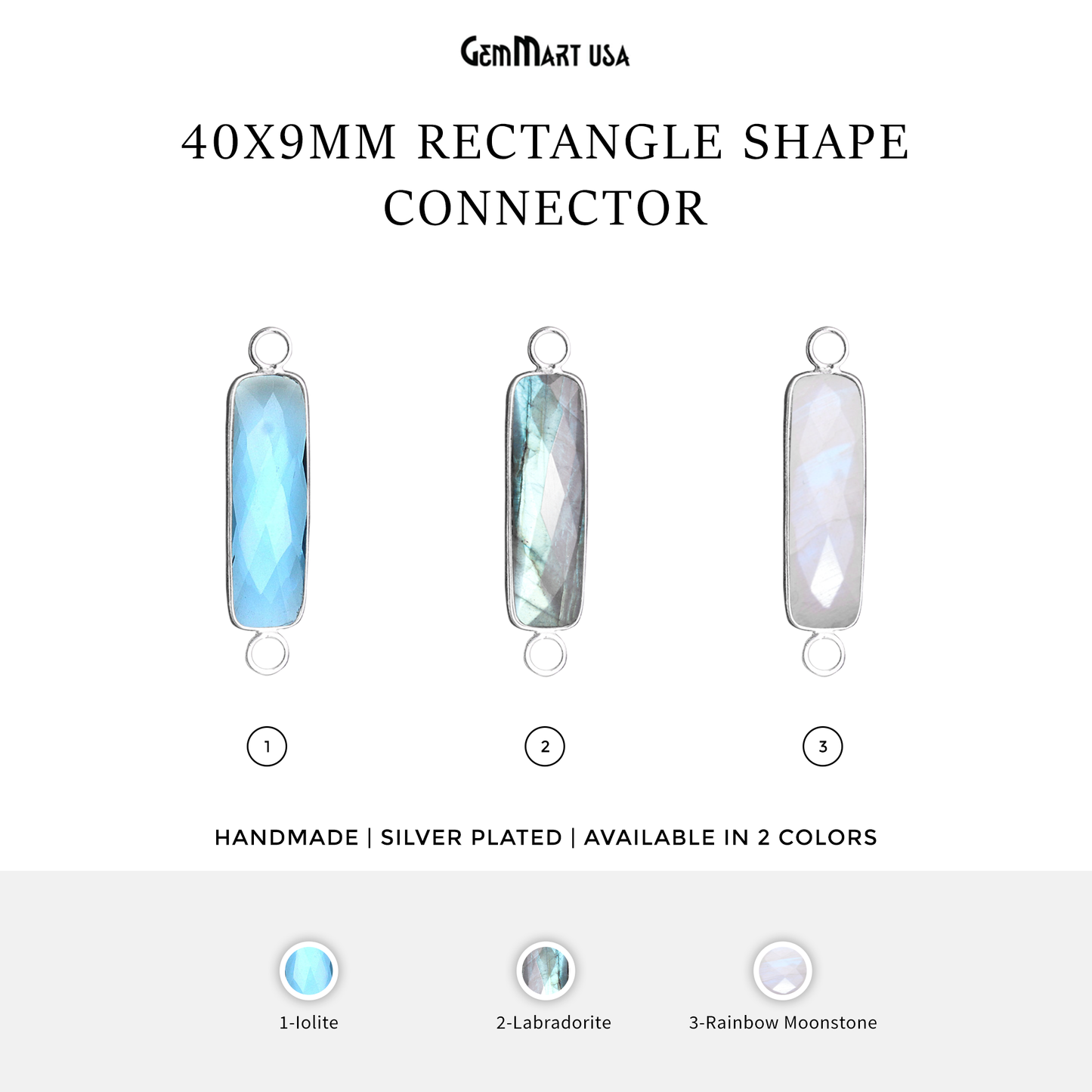 Rectangle 40x9mm Silver Bail Gemstone Connector Pendant