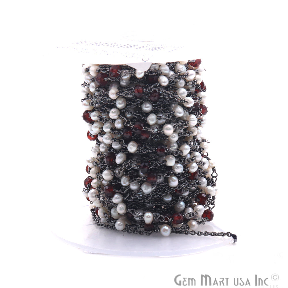 Garnet & Pearl Multi Gemstone Beaded Oxidized Wire Wrapped Rosary Chain