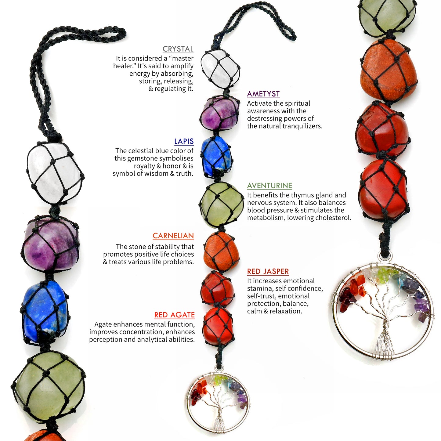 7 Chakra Of Life Healing Tumble Gemstones On A String, 27x21mm Free Form Gemstones & Round Tree Of Life Pendant 11 Inch